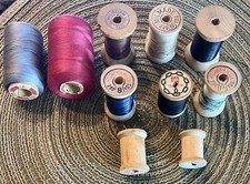 Lot 10 Vintage Sewing Thread-8 Wood-Wooden Spools-2 Large Spools Needle Holder