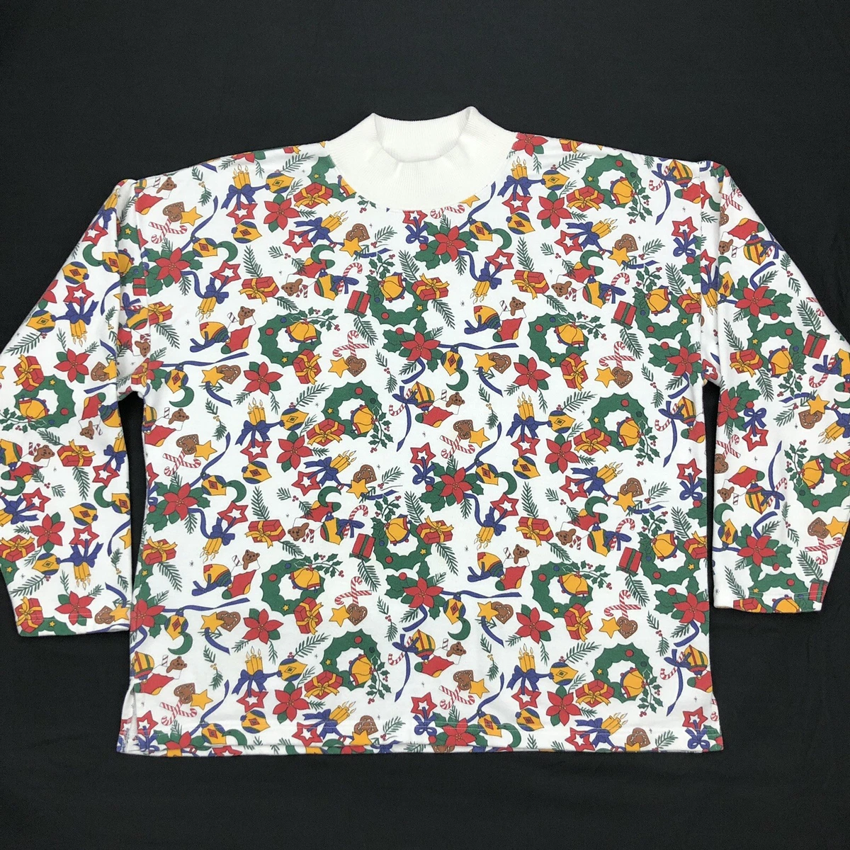 vintage All Over Print Mock Neck Christmas Sweatshirt Womens XL Mom Faded Xmas