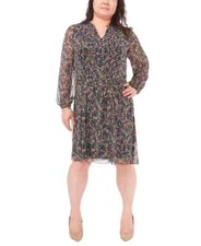 MSK Plus Size Floral-Print Chiffon Pintuck Shirtdress Women's 20W Navy Multi L/S