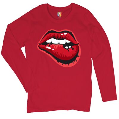 Naughty Biting Lips Women's Long Sleeve T-shirt Hot Luscious Sexy Red Lips