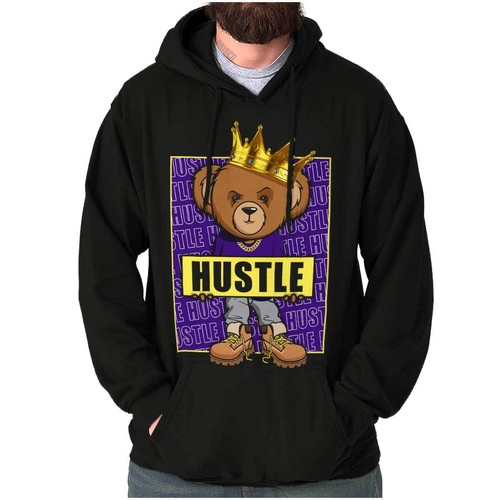 Cool Urban Streetwear Hustle King Teddy Bear Hoodie Hooded Sweatshirt Men Women