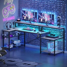 Gaming PC Computer Desk L-Shaped Corner Desk w/ Power Outlets & LED Light,Grey