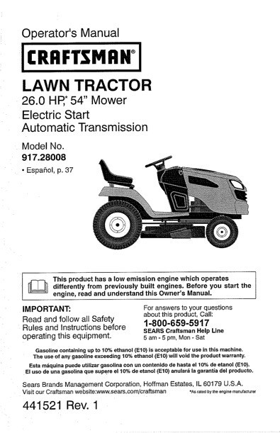 Owner's Manual Sears Craftsman HP Lawn Tractor 54” Mower