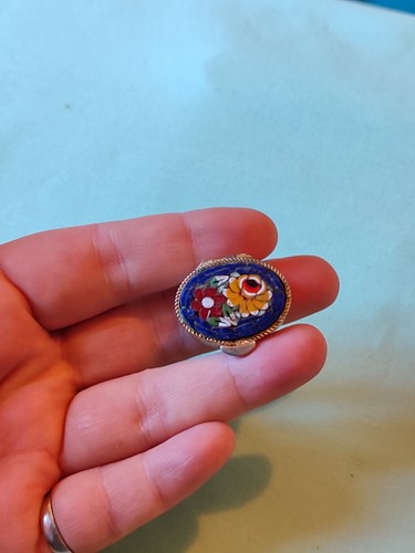 Vintage Micro Mosaic Flower Gold Tone Oval Snuff Pill Box 1 in Red Blue Yellow - Picture 11 of 11