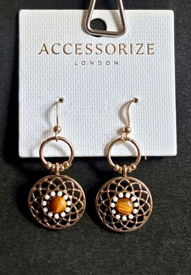 ACCESSORIZE, GOLD TONE FILIGREE DROP EARRINGS WITH BEAD CENTRE