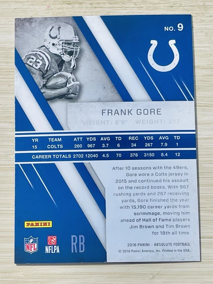 2016 Panini Absolute Spectrum Blue Frank Gore #9 Colts Color Match! - Image 2 of 2