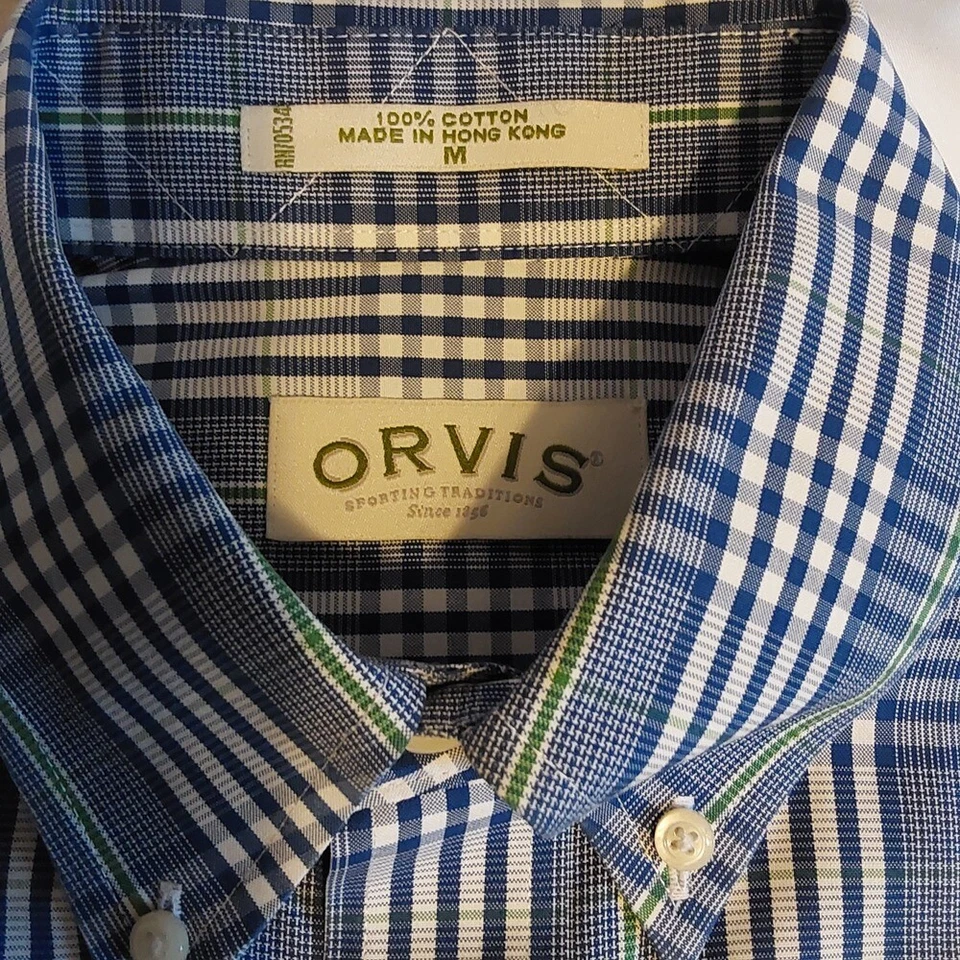 Camisa de vestir elástica a cuadros ORVIS para hombre, manga larga azul, blanco y verde algodón Foto 3 de 4