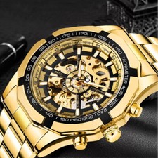 Skeleton Mens Self-wind Mechanical Auto Casual Automatic Transparent Wrist Watch