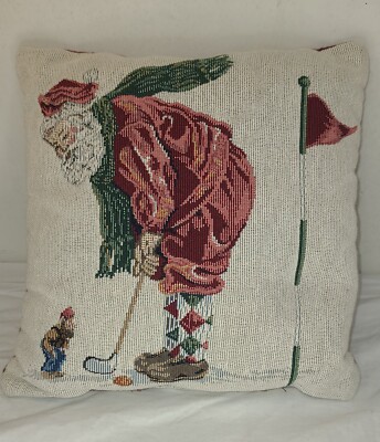 Cross Stitch Santa Golfing Throw Pillow 12'' Plush Putting Christmas Elf Red Back