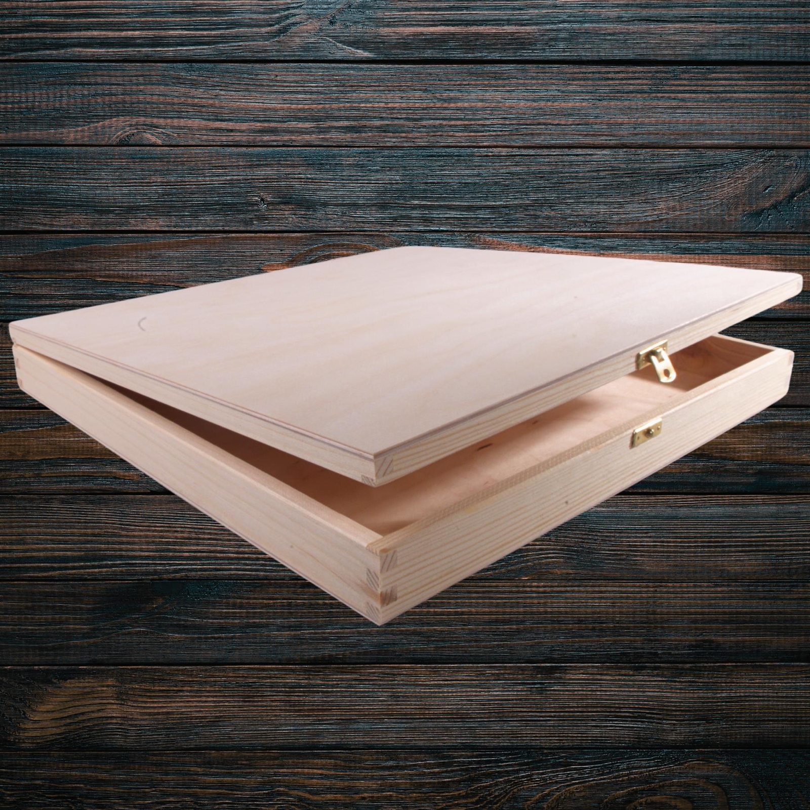 Large Slim Square Wooden Box w/ Clasp |40x40x5 cm| Shallow Depthless Gift Case