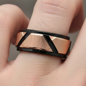 8mm Black & Rose Gold Tungsten Wedding Band with Brushed Trapezoid Step design