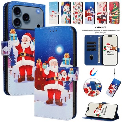 Hülle Für iPhone 17 16e 15 14 13 12 11 Pro Max XR 8 Christmas Leder Wallet Cover