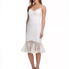GUESS White Lace Midi Dress Size 4 Spaghetti Strap Scallop Hem Cocktail Bridal