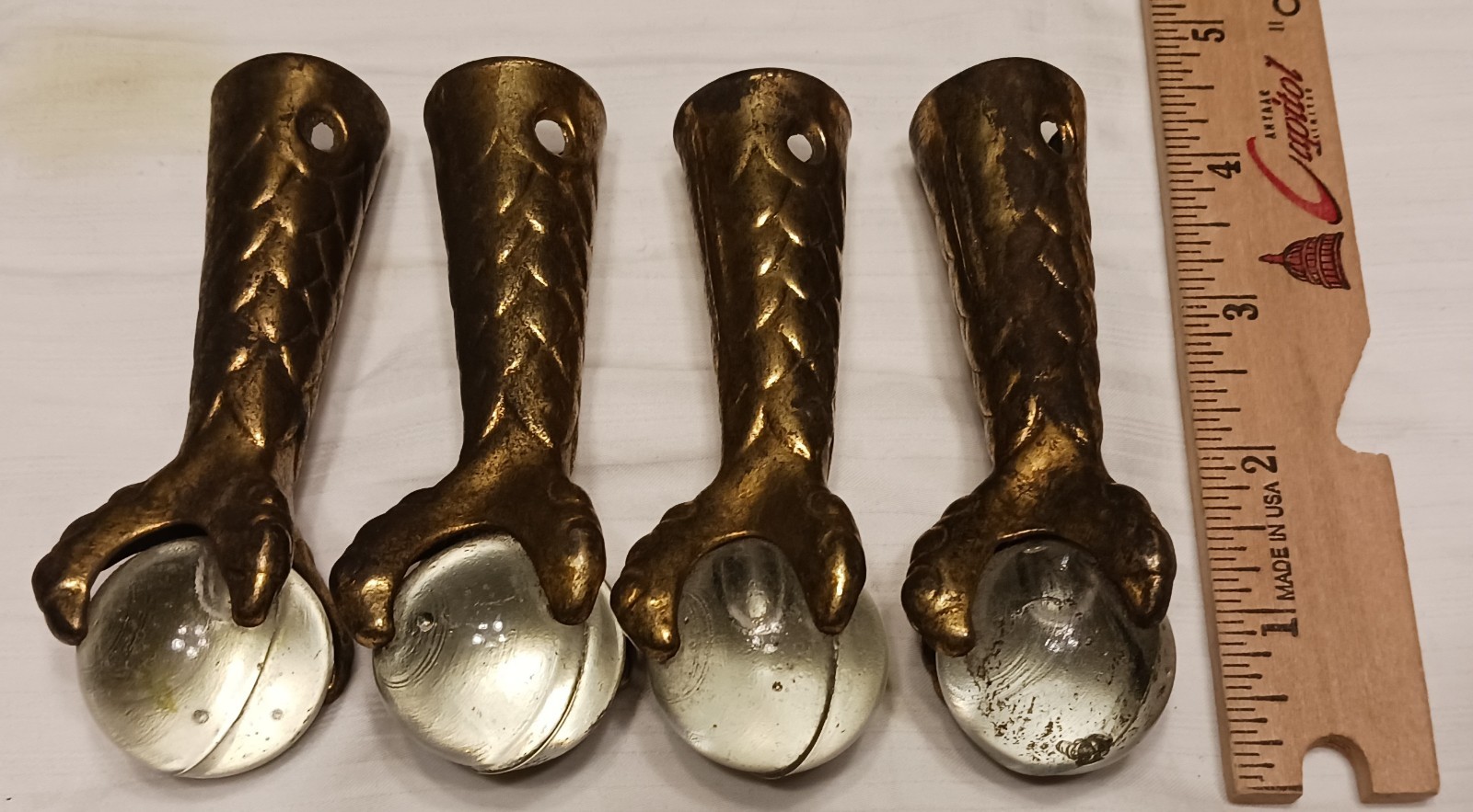 4 Antique Cast Iron Furniture Claw Feet Foot Glass Ball Gold Clear Ball 4 Inch