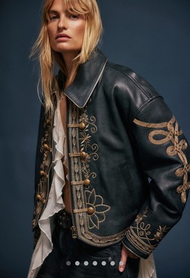 Free People Lana Leather Jacket Zip Button Embellish Rope
