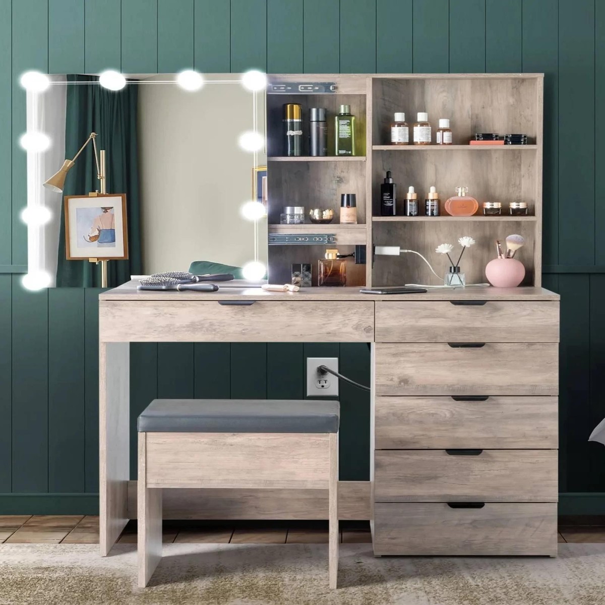 grey and pink dressing table Bedroom Makeup Vanity Desk Sliding LED Mirror Cabinet 2 USB Stool pink makeup vanity