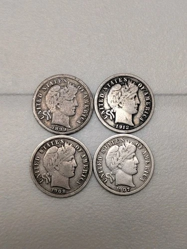 Lot of 4 Barber Dimes VG-XF Condition 90% Silver ! full liberties!