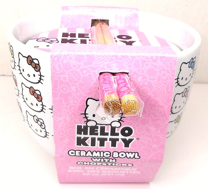 HELLO KITTY Cuenco de Ramen de Cerámica con Palillos, Apto para Microondas, 20 Onzas