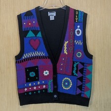 Napa Valley Knit Vest Women's Medium Colorful Patchwork Retro Heart Vtg 90s
