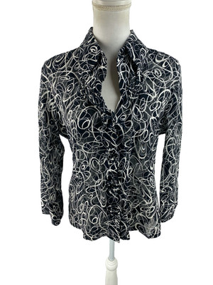 Samuel Dong Womens L Abstract Scribble Art to Wear Flower-Button Blouse Thin