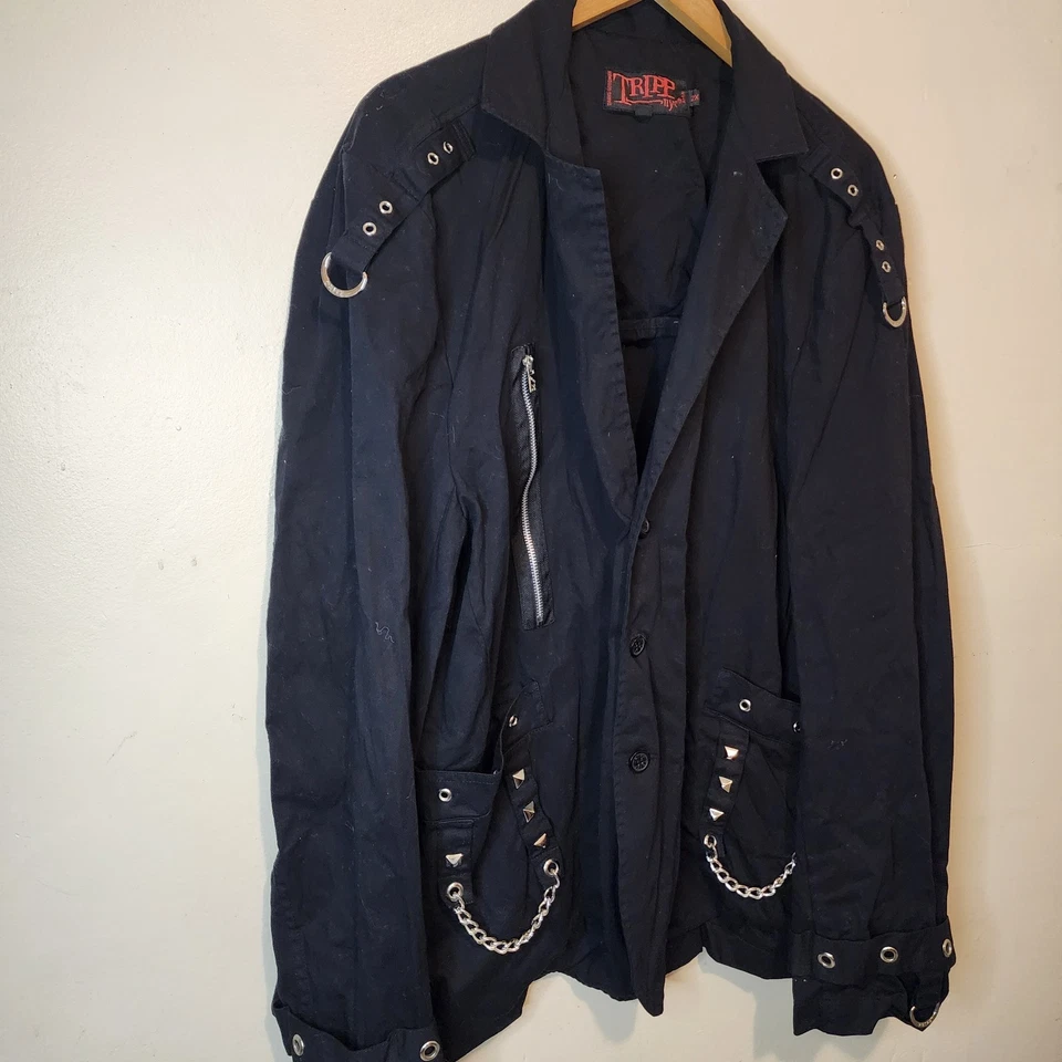 Vintage Tripp NYC Jacket Black Denim Y2K Baggy Punk Chains Goth Mens 2XL - Image 2 of 4