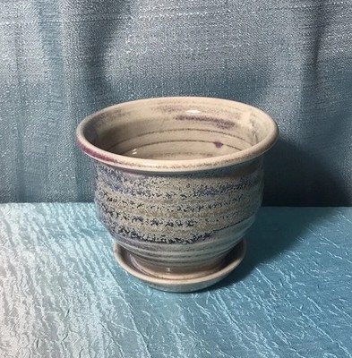 Vintage Pottery Bruning Bonsai Clay Pot w Drain Above Dish Purple Drip Glaze