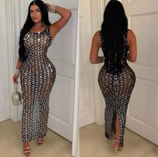 Black Diamond Rhinestone Mesh Maxi Dress Sheer Bodycon Long Party Club Dress