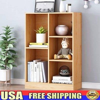 Wooden 3-Tier Floor Standing Display Cabinet Organizer W/ Base 5 Cubes Bookshelf