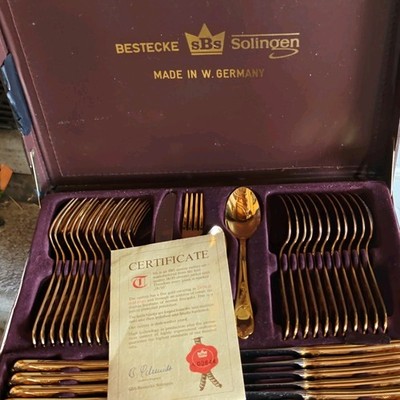 SBS Solingen 70pc Gold Plated Flatware Set w/ Case, Floral, Service 12
