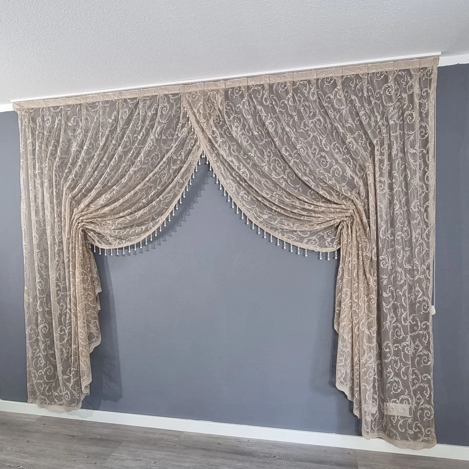 Boncuklu Kruvaze Perde Vorhang Fertiggardinen mit Perlen Faltengardine Tül Beige - Bild 3 von 4