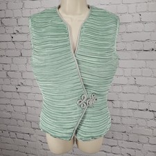 VTG Lillie Rubin Green Satin Silver Shimmer Trim Pleated Vest USA Made Size 8