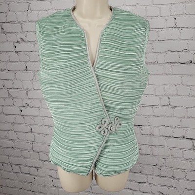 VTG Lillie Rubin Green Satin Silver Shimmer Trim Pleated Vest USA Made Size 8