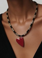 Collana Righe Nero Oro  Ciondolo Cuore Grande Lucido, Boho Chic Regalo Donna