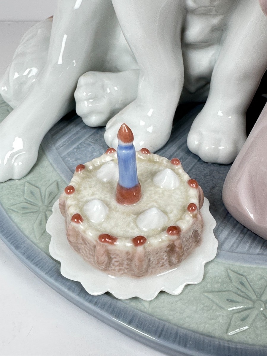 Lladro 6632 A Birthday Kiss Girl Saint Bernard Dog Cake Figurine