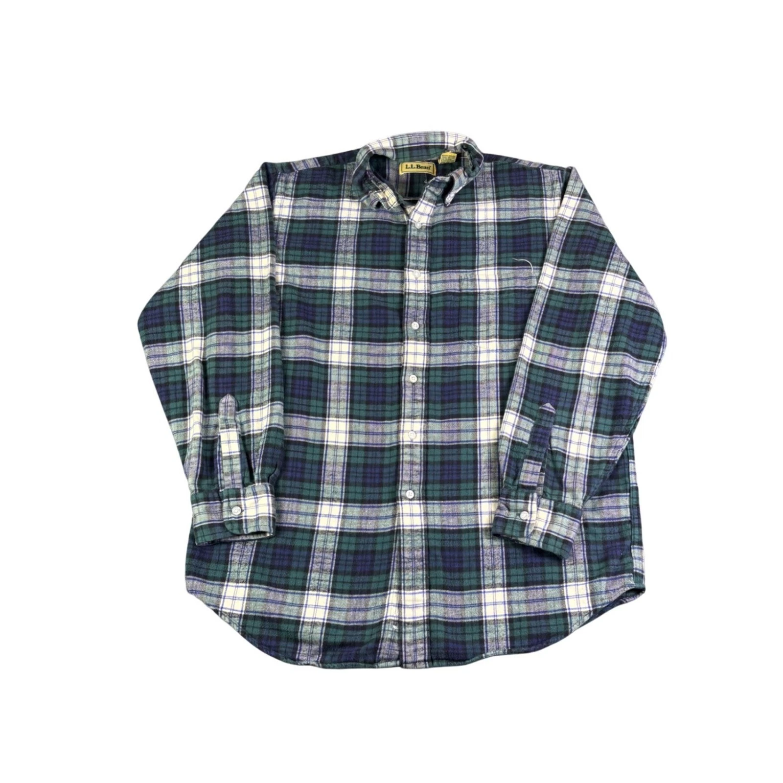 LL Bean Mens Flannel Shirt Medium Green Blue Plaid Long Sleeve Button Down