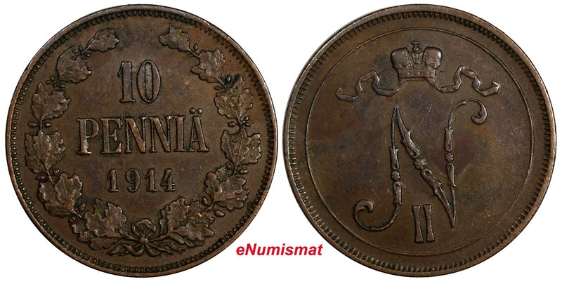 Finland Nicholas II Copper 1914 10 Penniä Mintage-605,000 XF  KM# 14 (18 744)