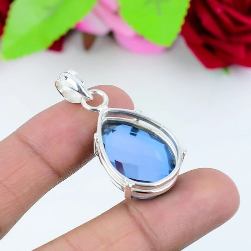 Fantastici Topazio Blu Gemma 925 Argento Sterling Fatto a Mano Ciondolo T-11 - Foto 3 di 3