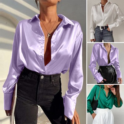 Chemisier femme satin boutons rabattables hauts ouverts manches