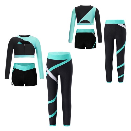 Kids Girls Tracksuit Vest Outfit Shorts Set Yoga Long Sleeve Crop Top Exercise - Picture 16 of 22