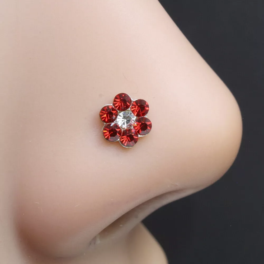 Indian style silver Plated Red white crystal Piercing Nose stud push pin