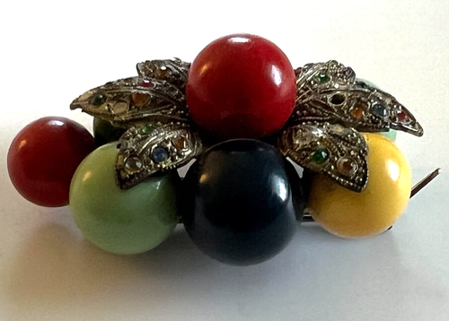 Vintage Miriam Haskell? Multi Colored Beads Bakelite Rhinestones Brooch - Picture 9 of 9