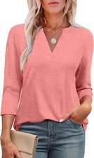 Women's 3/4 Sleeve V Neck Tunic Blouse Loose Fit Curved Hem Casual Dressy Top