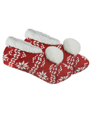 Lovely Knitted Fairisle Pom Pom Slippers Ladies Pull On Fleece Lined Slippers