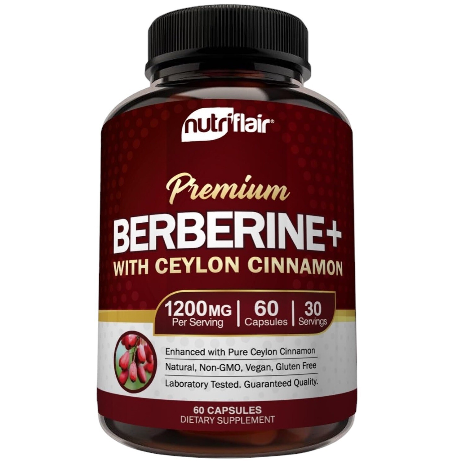 NUTRIFLAIR PREMIUM BERBERINE HCl 1200mg + Organic Ceylon Cinnamon 60 Capsules