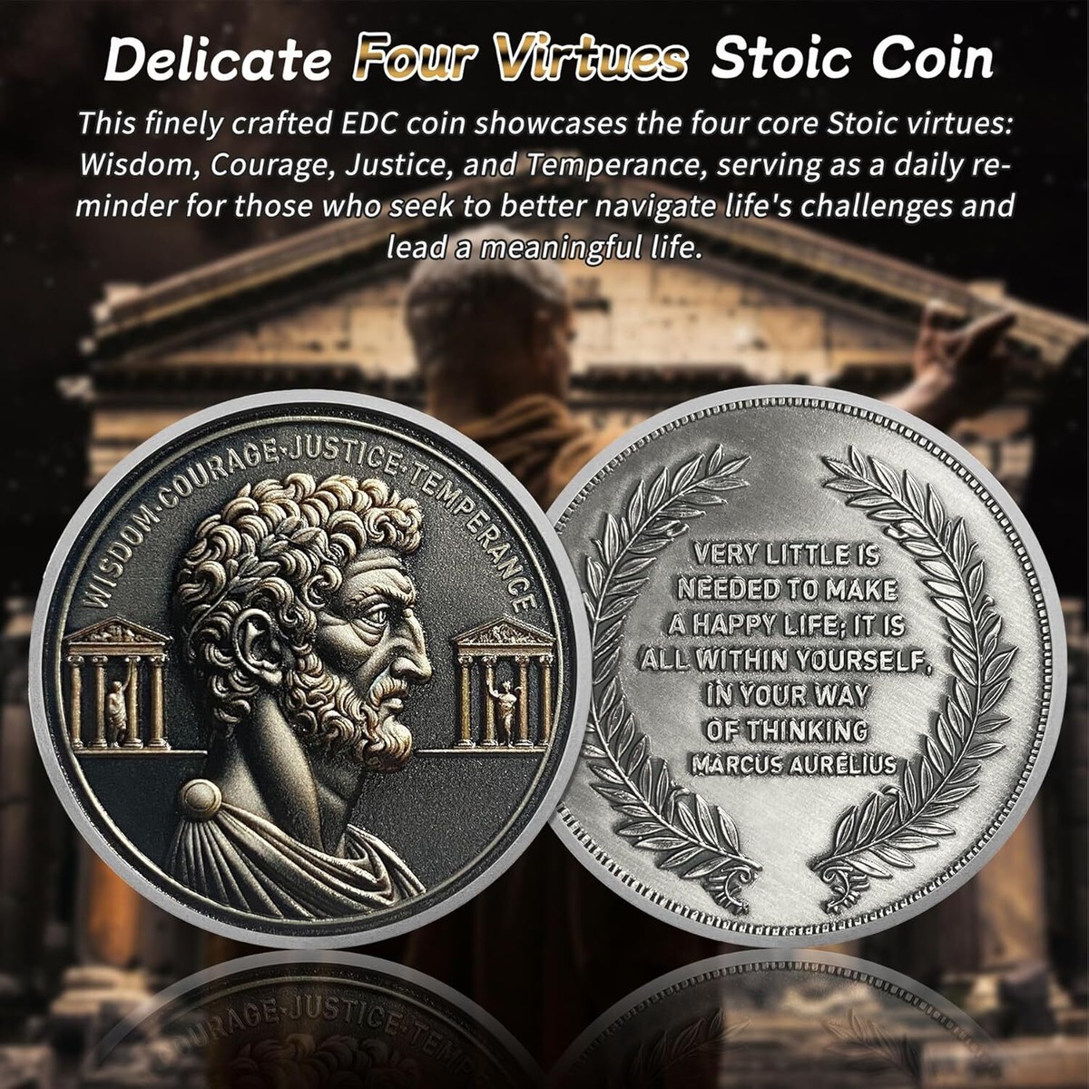 Four Virtues Stoic Coin EDC Roman Cardinal Virtues Challenge Coin