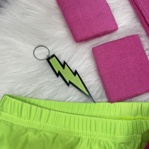 Leotard Jumpsuit Sz L and Athletic Shorts wrist,Hairband Set neon green/ pink - Picture 3 of 6