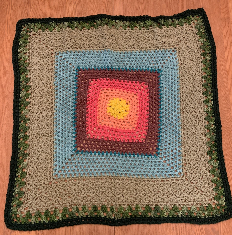 Handmade Crochet Afghan Blanket 31 x 31 Baby/Lap/Throw NEW Pink Teal Yellow - Image 2 of 4