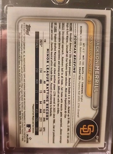 Bowman Chrome Prospects Jackson Merrill True Blue 2024/150 BCP-145 ¿Padres ROY? - Imagen 2 de 2