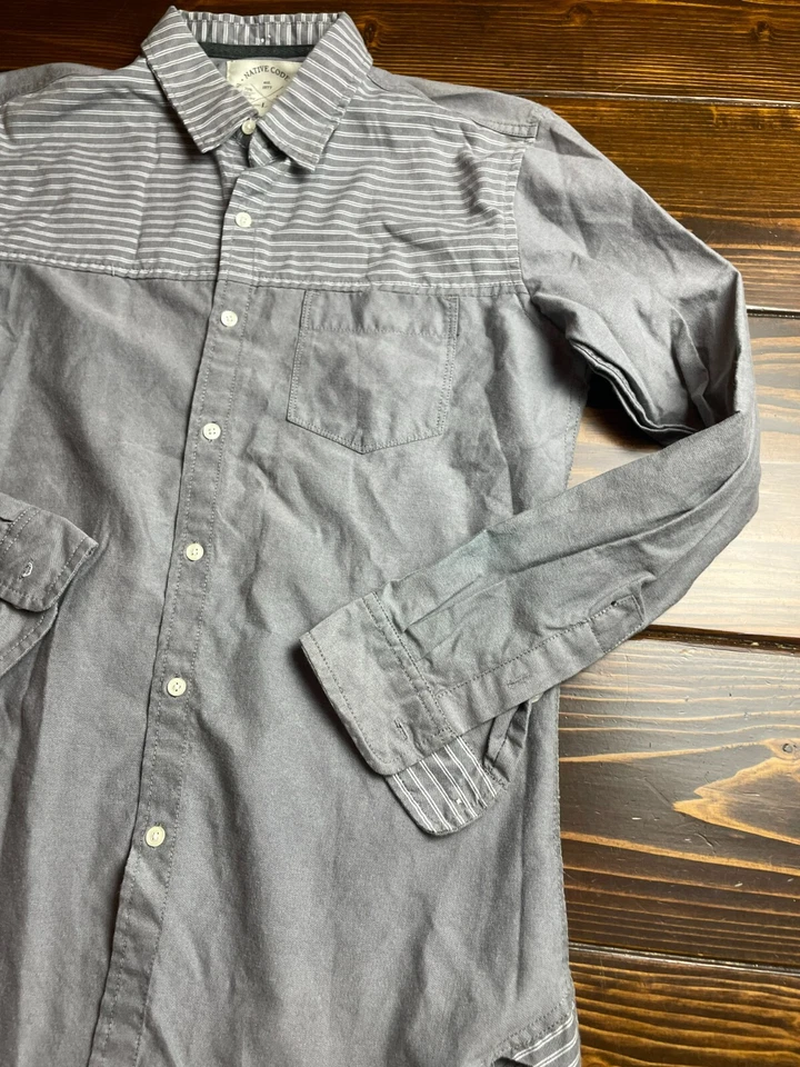 Native Code Shirt, Men's Size Large, Gray, Striped, Slim, Button Up, Long Sleeve - Image 3 of 4