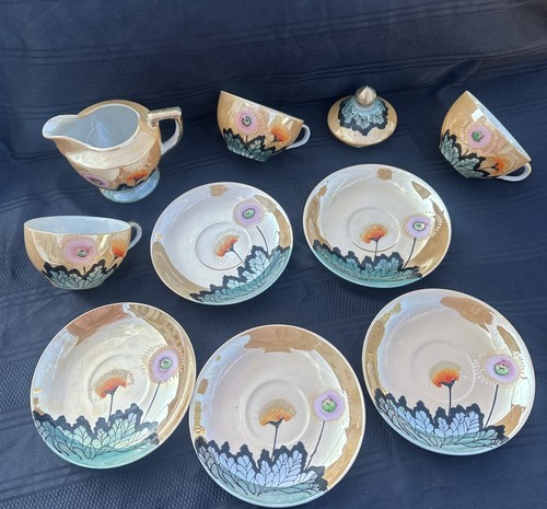 VTG Lusterware Cups Saucers Creamer Hand Painted Pagoda Lot Set Of Ten Items - Picture 5 of 24